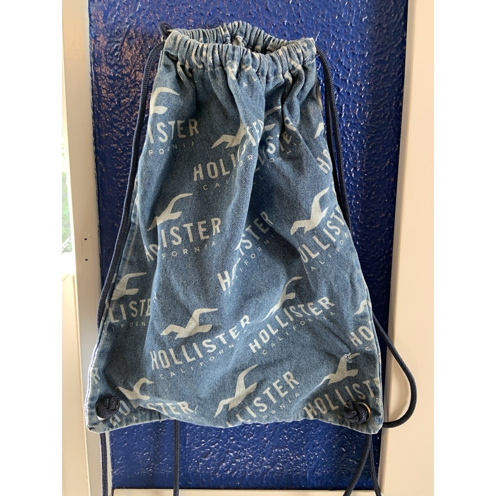 Hollister California Drawstring Backpack Blue Logo Print Cinch Sack Bag School